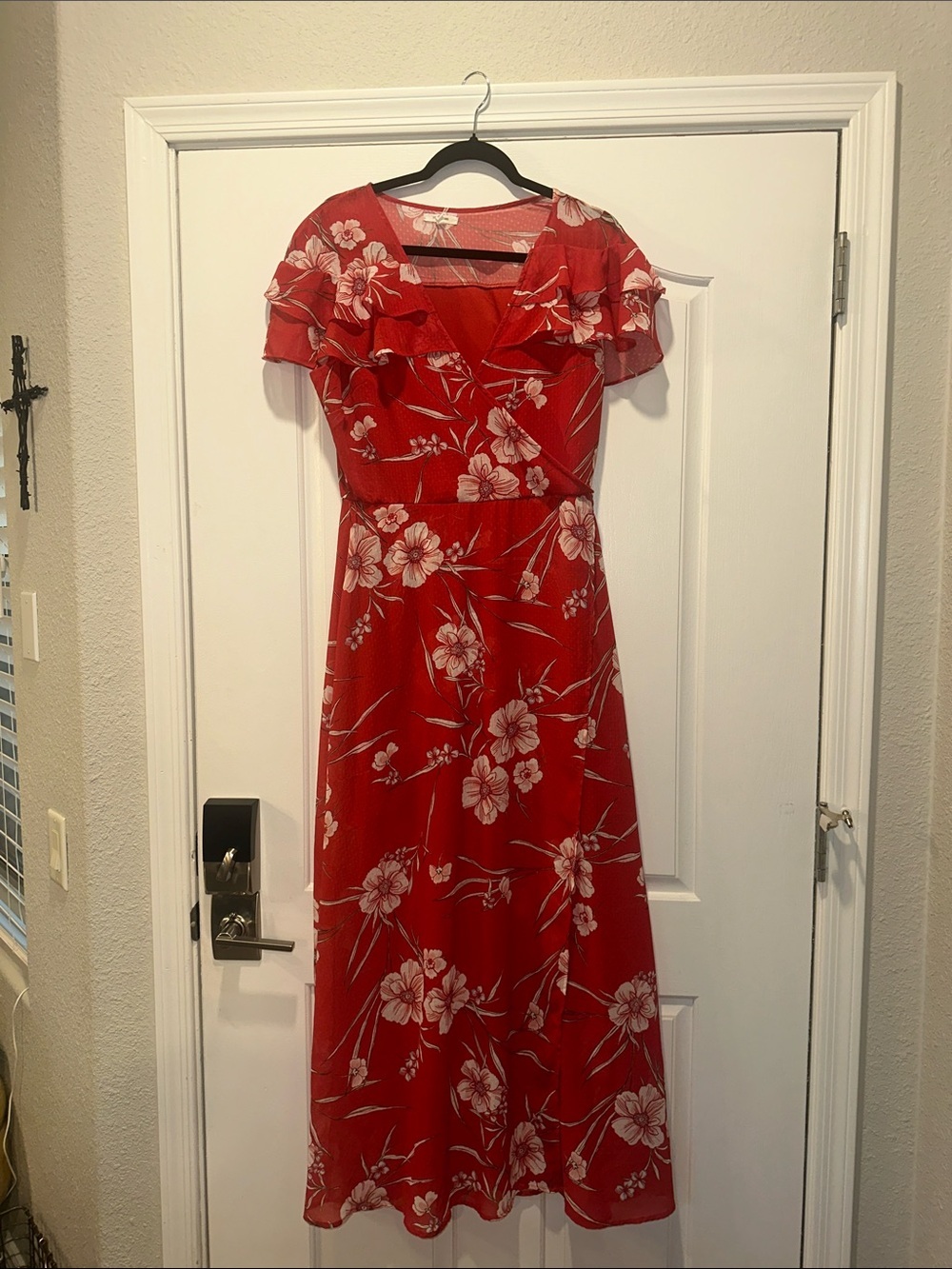 Maurices Red Floral Maxi Dress with White Blooms with belt size medium